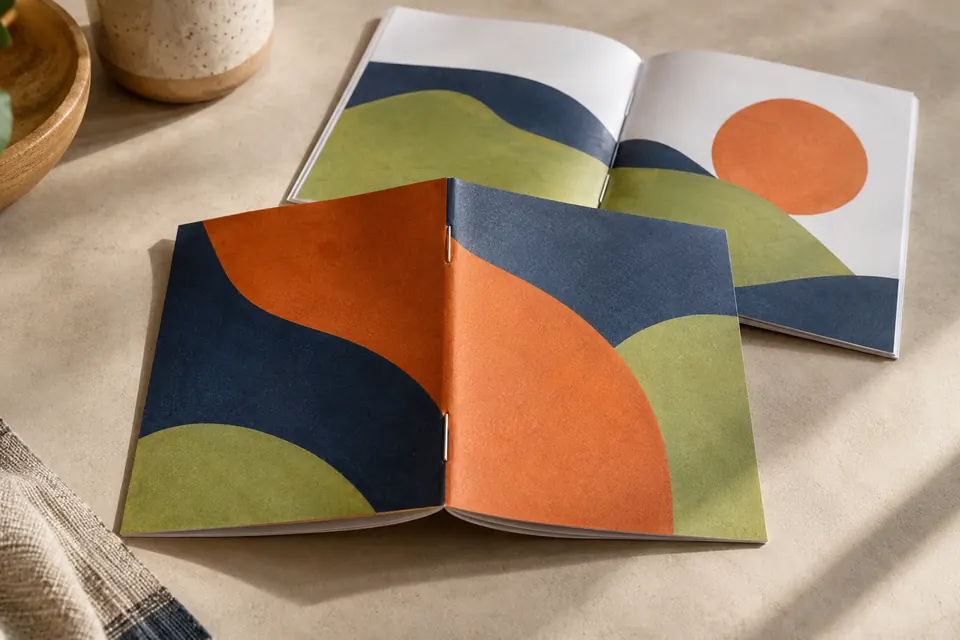 A stapled booklet showing its center fold and finished printed covers.